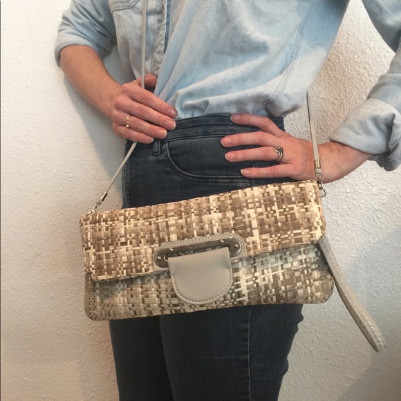 Mellow World gray and taupe straw crossbody/ wrist - Picture 1 of 6